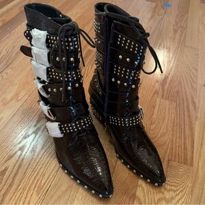 Azalea Wang brown croc-embossed ankle boots